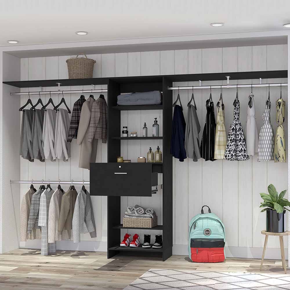 118" Black Bedroom Dresser with Three Shelves & Drawer