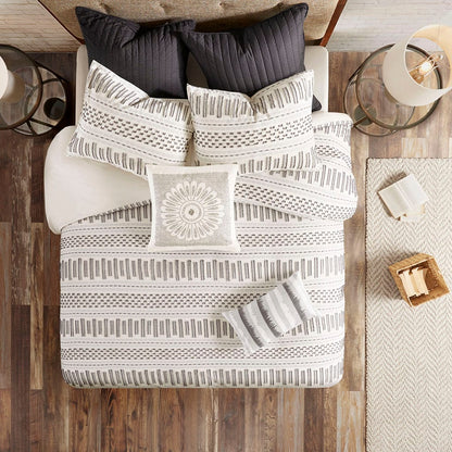 King Cotton Jacquard Duvet Cover Set - Ivory & Charcoal