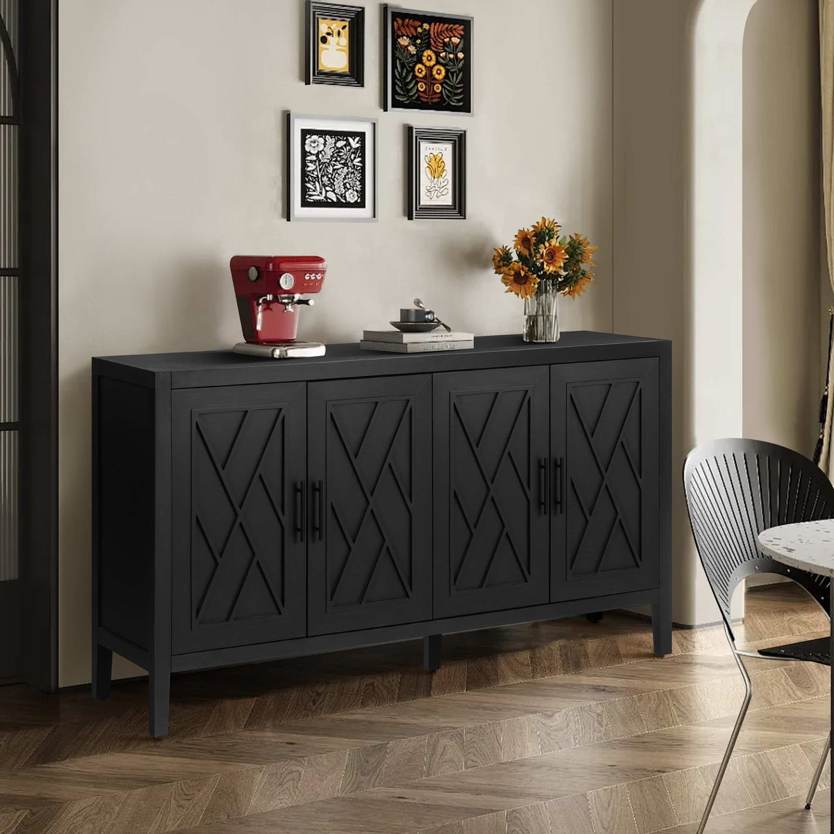 Antique Black 4-Door MDF Storage Cabinet - 59.8" Accent Table for Living Room
