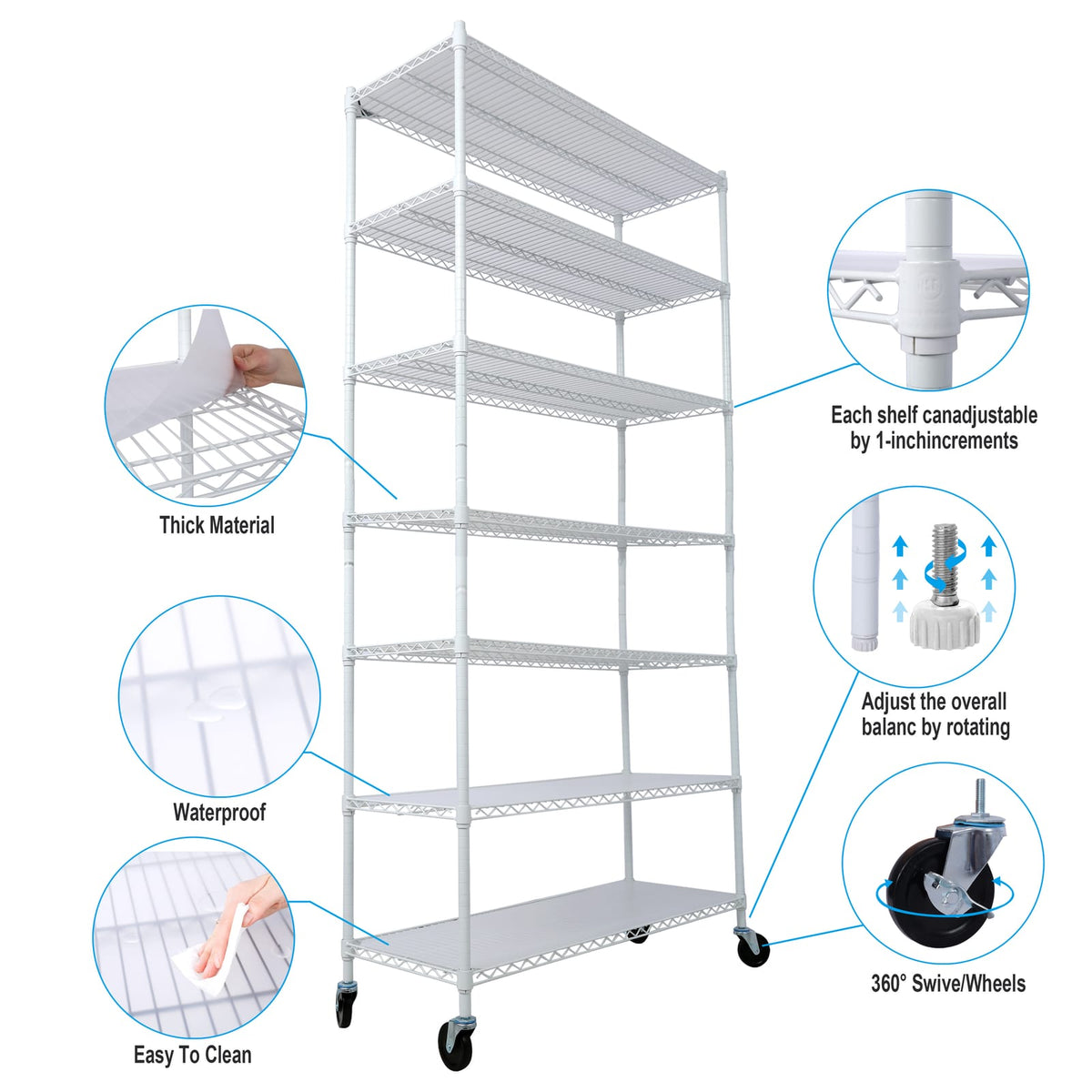 7 Tier Metal Shelf Wire Shelving Unit - Adjustable Storage Rack with Wheels, White