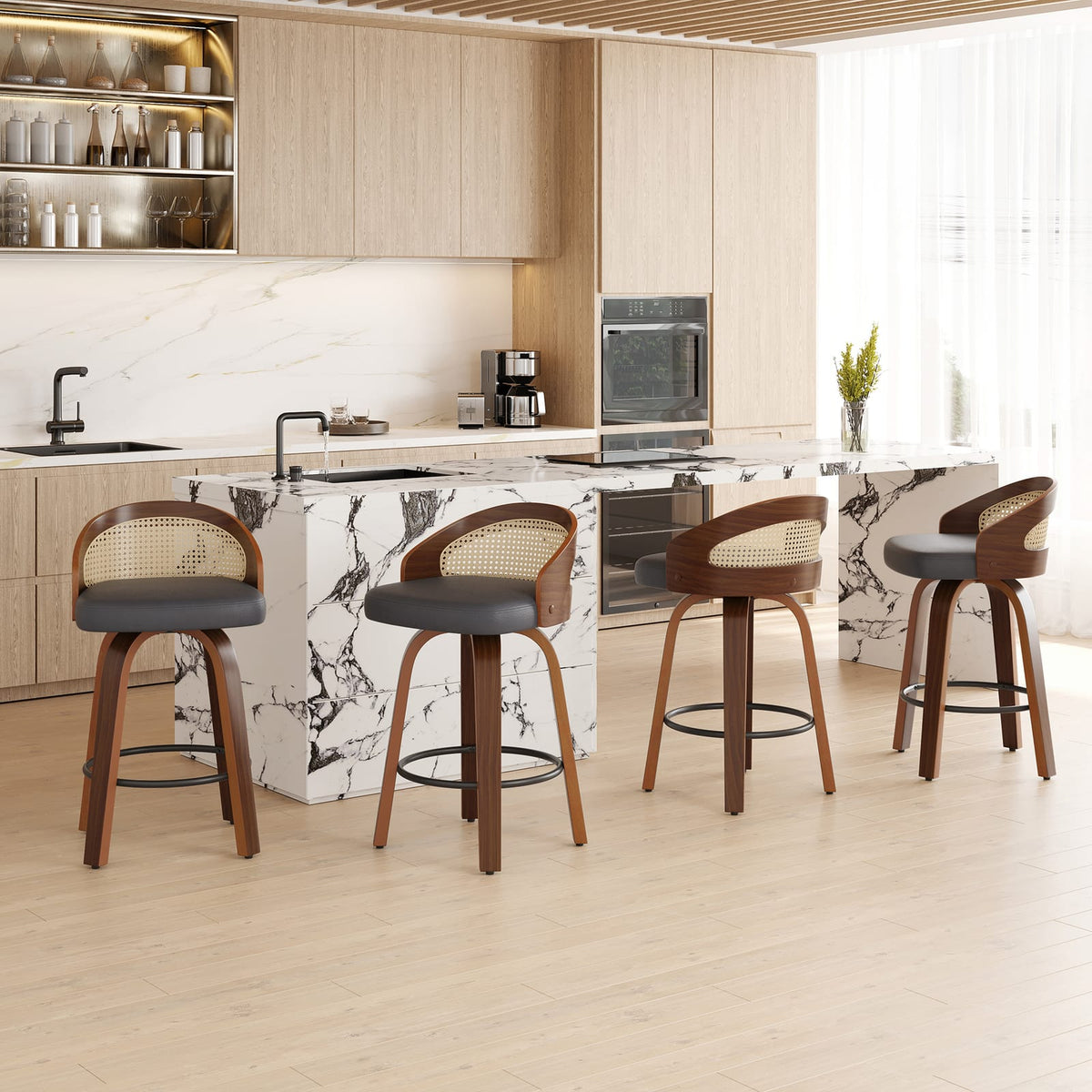 Black Faux Leather Swivel Bar Stools Set of 2 for Kitchen Counter Dining Room