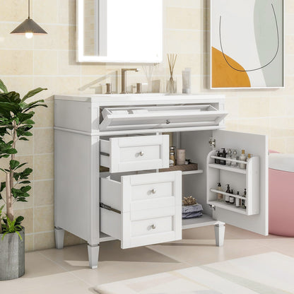 36" White Ceramic Bathroom Vanity with Storage - Modern Design