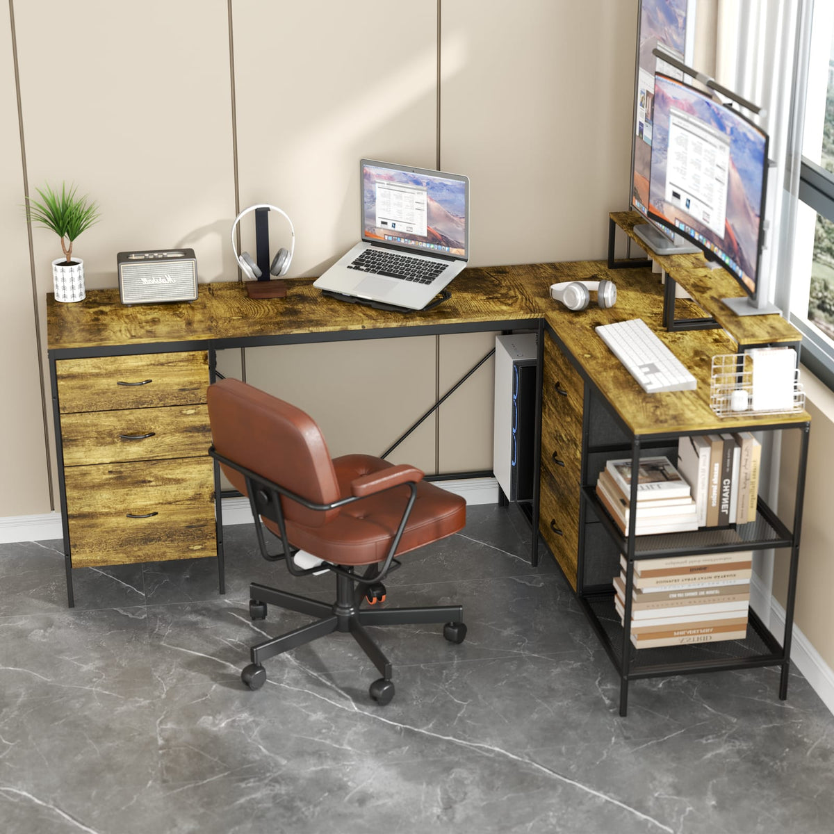 L-Shaped Gaming Desk with Power Hub - 6 Drawers, 114 Inch Brown