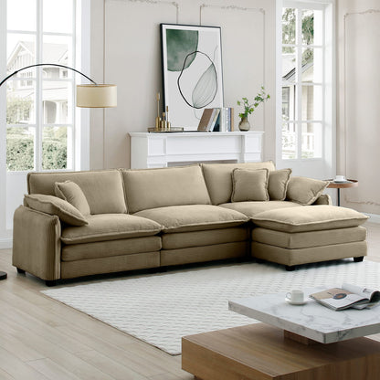 Tan Corduroy 3-Seater Sofa with Footrest - Retro Style for Living Room