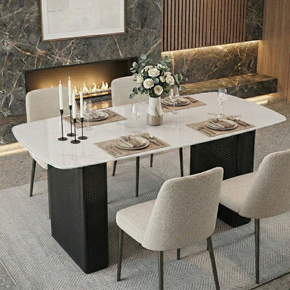 Black Tempered Glass Dining Table with Marble Pattern, Black Metal Legs
