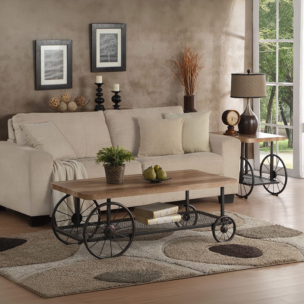 Oak Coffee Table with Antique Grey Finish & Shelf for Living Room