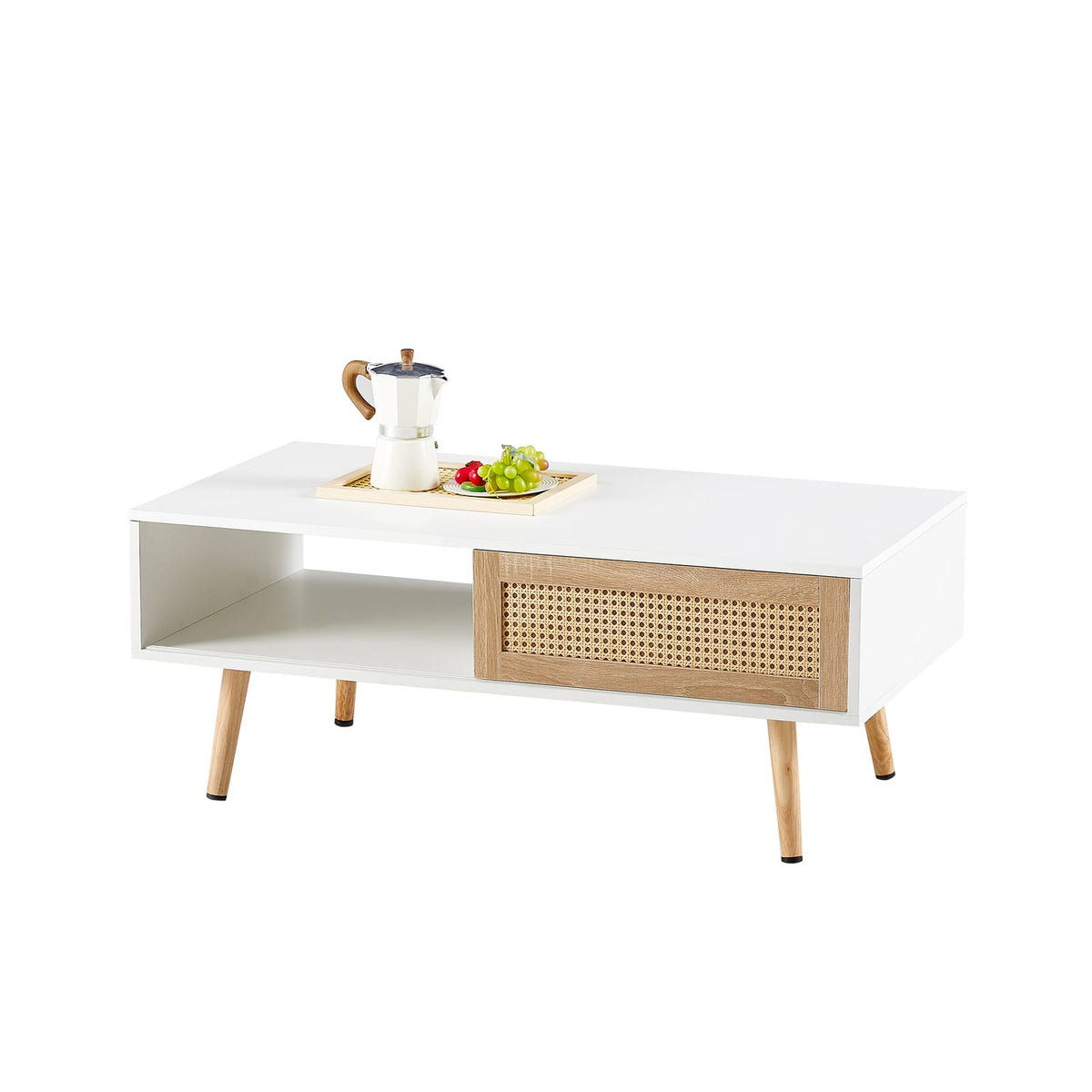 41.34" Rattan Coffee Table with Sliding Door - White for Living Room