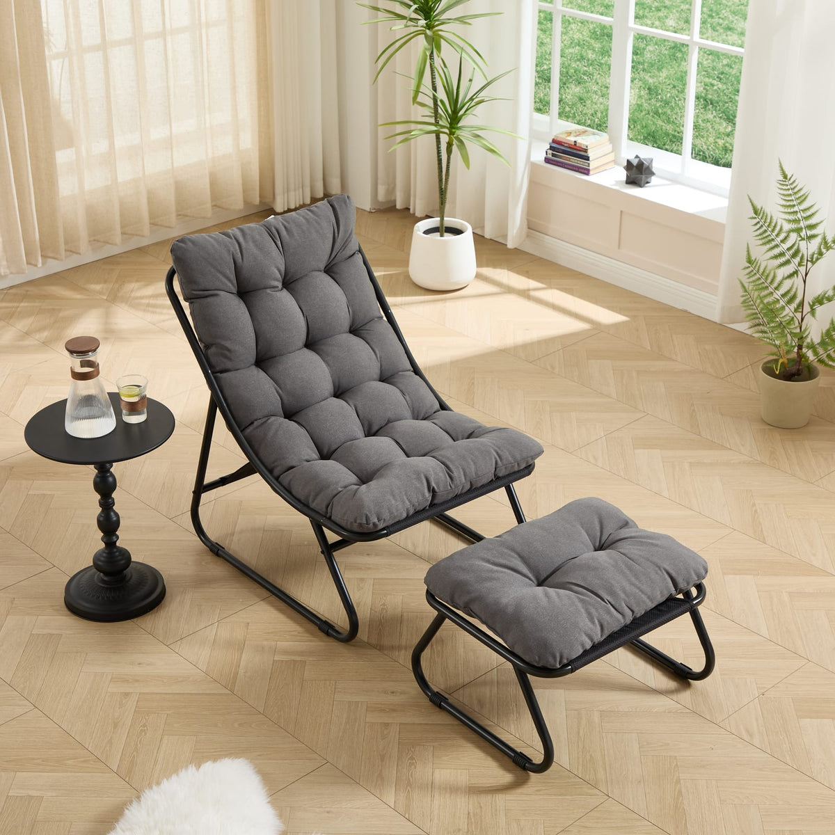Grey Steel Patio Lounge Chair with Ottoman for Garden or Poolside