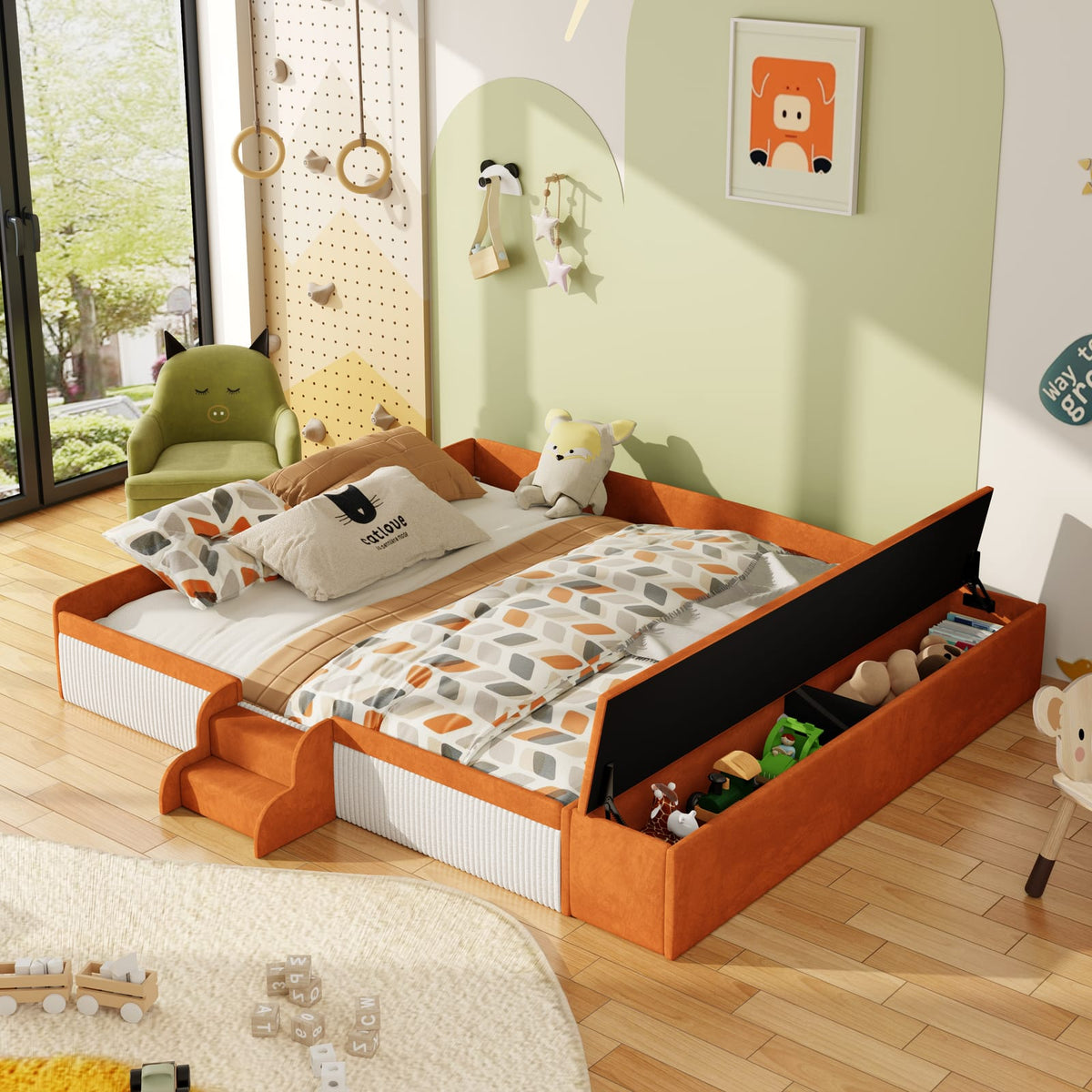 King Size Velvet Daybed with Stairs & Storage Ottoman for Bedroom