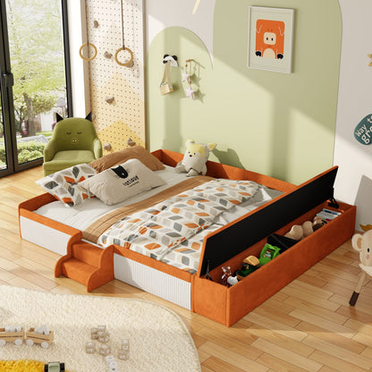 King Size Velvet Daybed with Stairs & Storage Ottoman for Bedroom