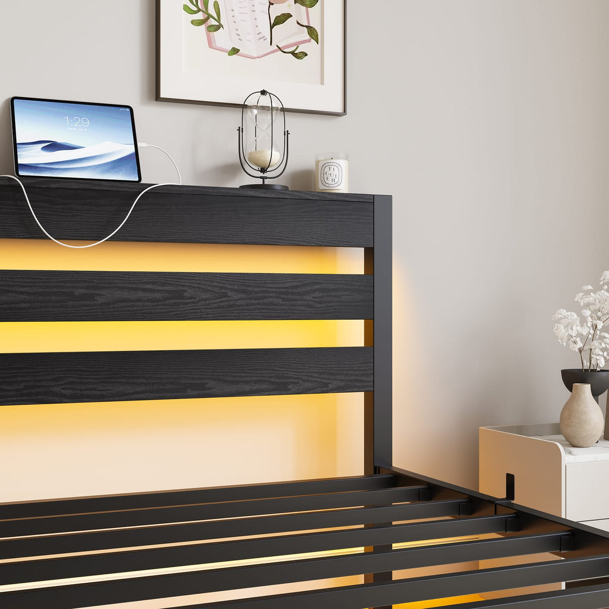 Twin Size Metal Bed Frame with LED Lights & USB Charging