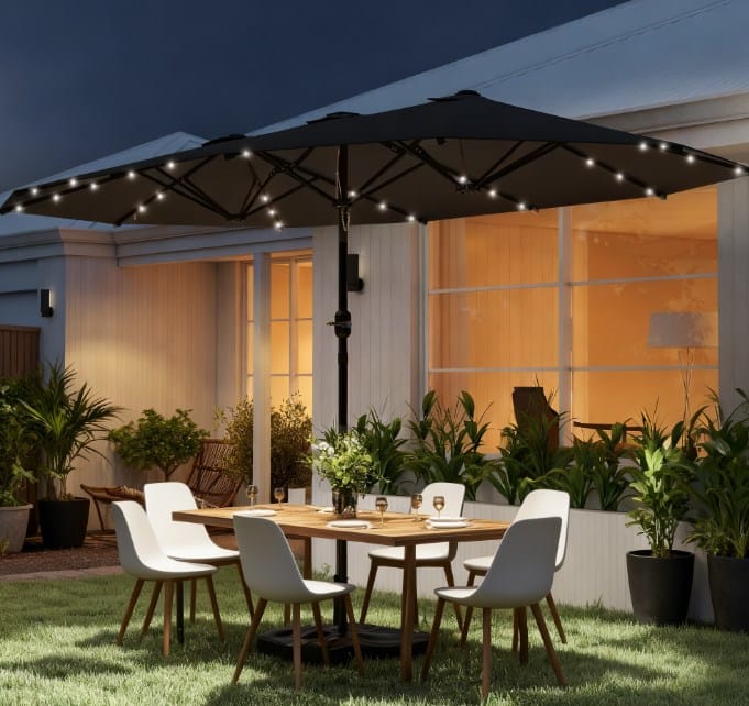 Large Grey Double Patio Umbrella with Solar Garden Lights