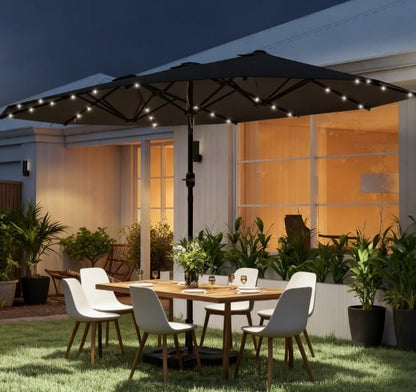 Large Grey Double Patio Umbrella with Solar Garden Lights