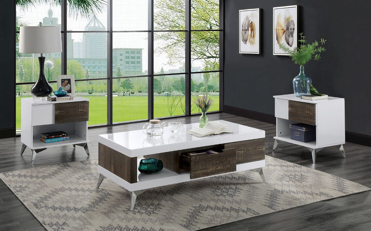 Contemporary Oak and White Solid Wood End Table with Open Shelf for Living Room