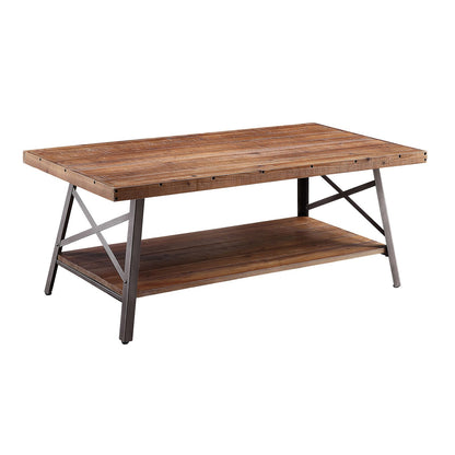 Rustic Oak Wood Storage Coffee Table with Metal Accents for Living Room