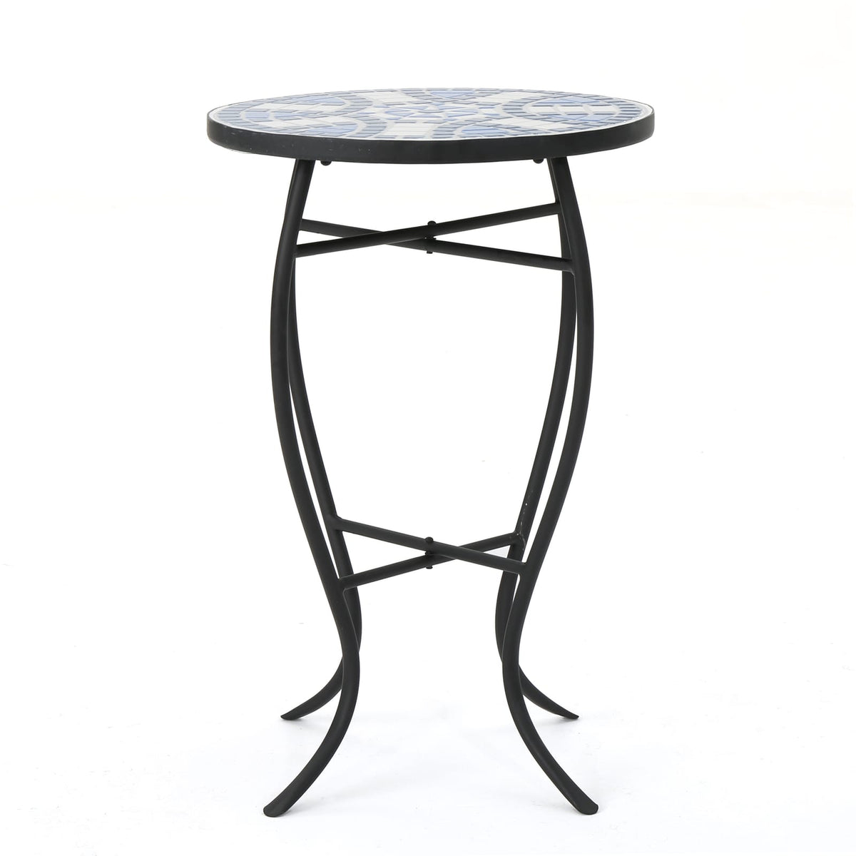 White Blue Ceramic Tile Outdoor Side Table