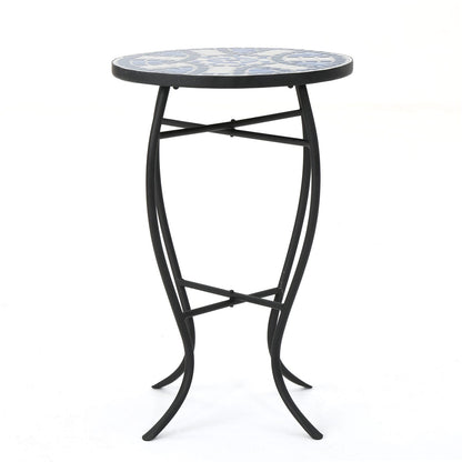 White Blue Ceramic Tile Outdoor Side Table