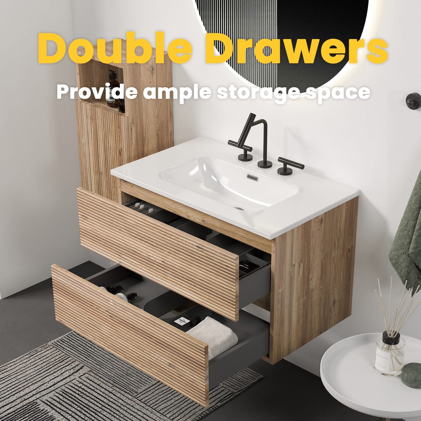 Gloria 30" Wall Mounted Rough Oak Bathroom Vanity - Storage & Sink