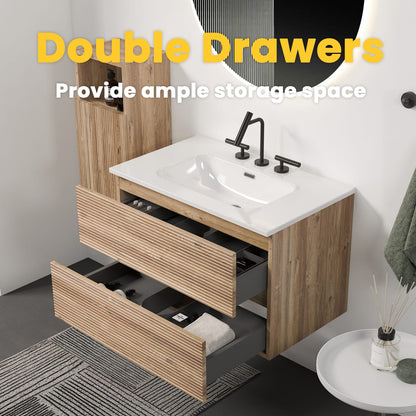Gloria 30" Wall Mounted Rough Oak Bathroom Vanity - Storage & Sink