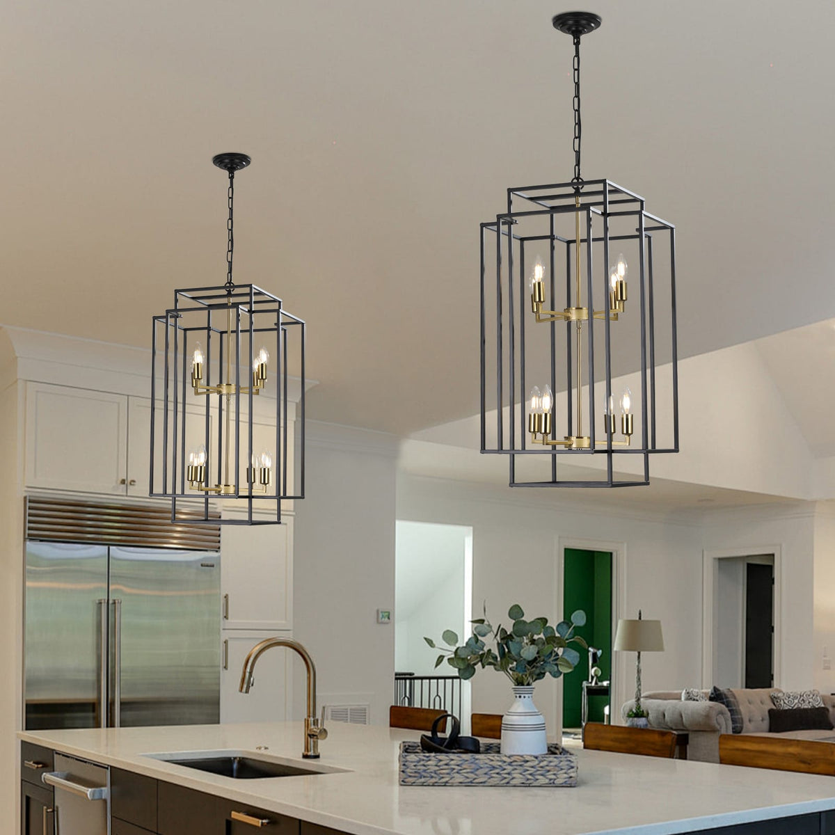 Modern Black Gold Geometric Pendant Chandelier - 8 Lights, Adjustable for Living