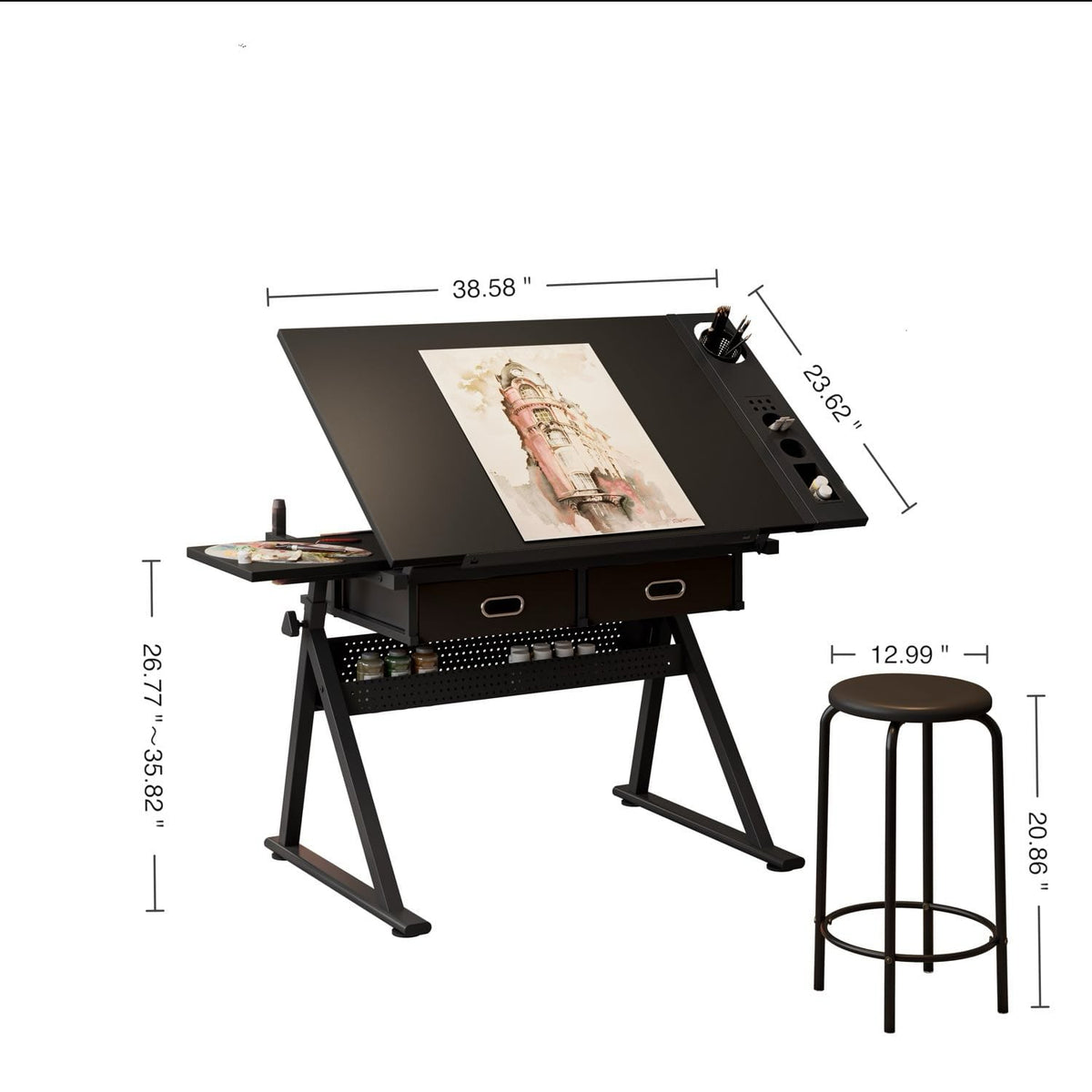 Adjustable Drafting Desk with 2 Drawers - Black MDF Metal for Home Office