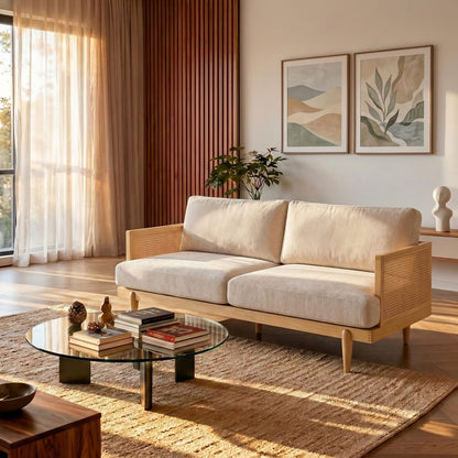 3-Seat Boucle Sofa with Cane Rattan, Natural Beige for Living Room