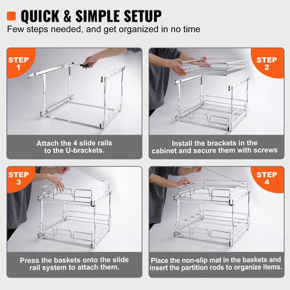 Silver Metal Cabinet Organizer - 2 Tier Pull Out Shelves