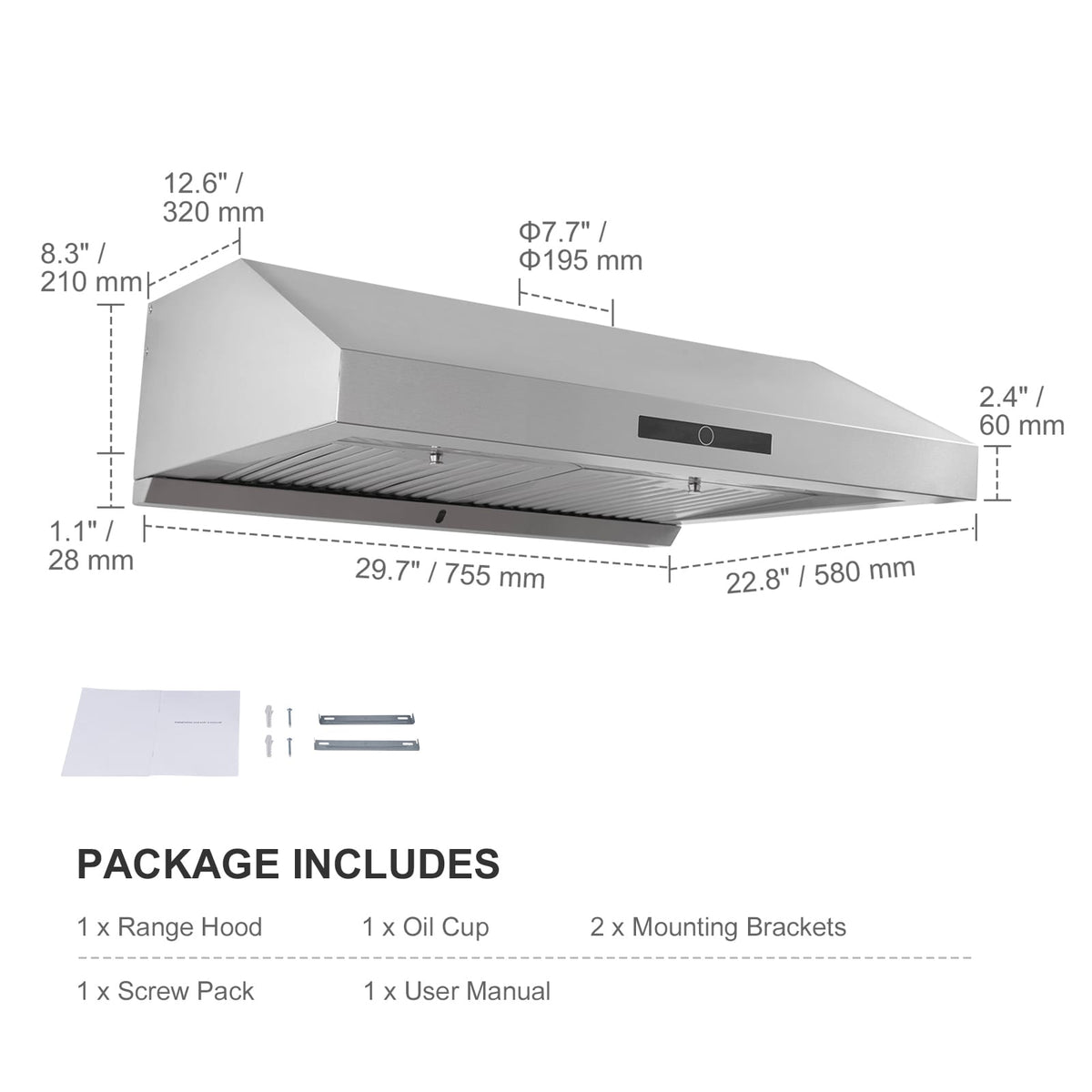 Stainless Steel Range Hood with Dual Motors for Kitchen Storage