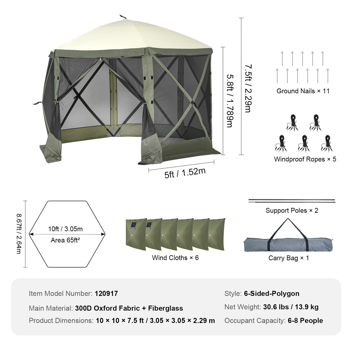 10x10FT Green Oxford Gazebo Tent - Camping Screen Shelter