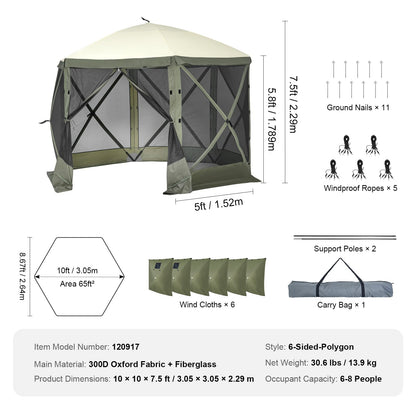 10x10FT Green Oxford Gazebo Tent - Camping Screen Shelter
