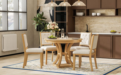TREXM 5-Piece Retro Dining Table Set - Extendable Round Table & Chairs (Natural)
