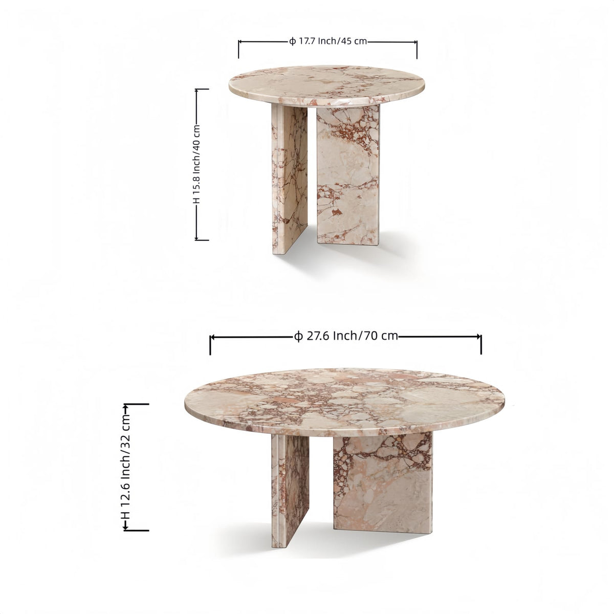 Pink Marble Round Coffee Table Set - 2 Piece