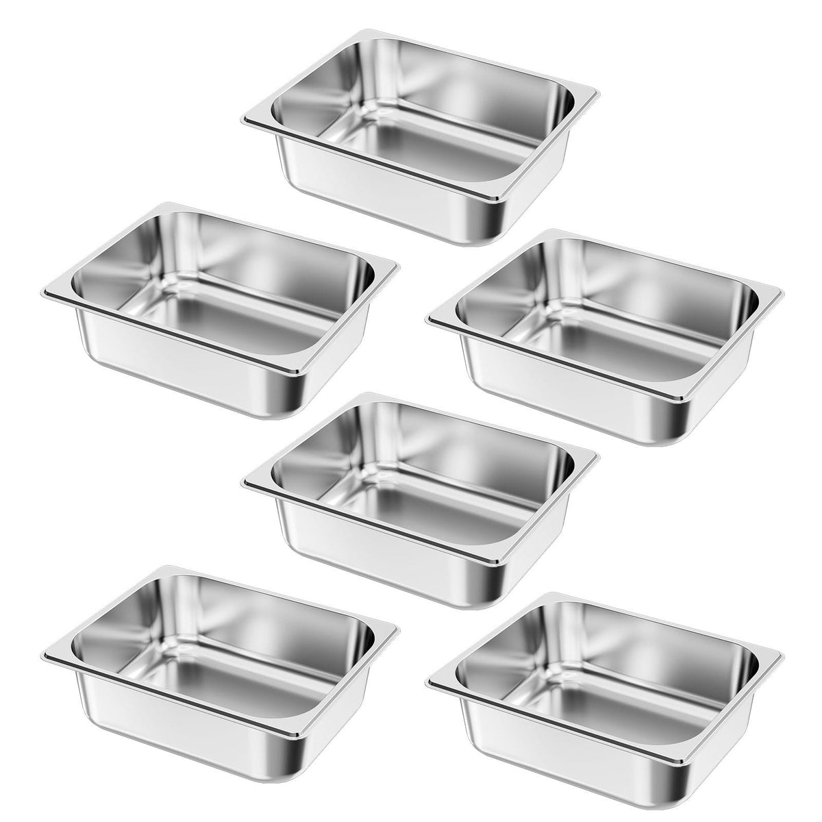 6 Pack Stainless Steel Hotel Pans - 1/2 Size Catering Pans