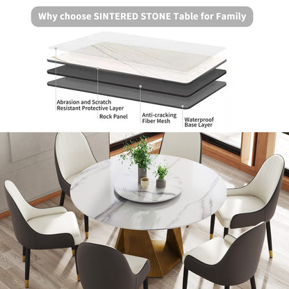 53" Round Marble Dining Table - Bronze Iron Base, White Stone