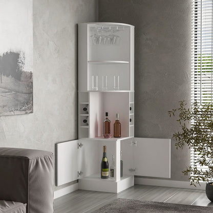 White Engineered Wood Corner Bar Cabinet - 8 Wine Racks