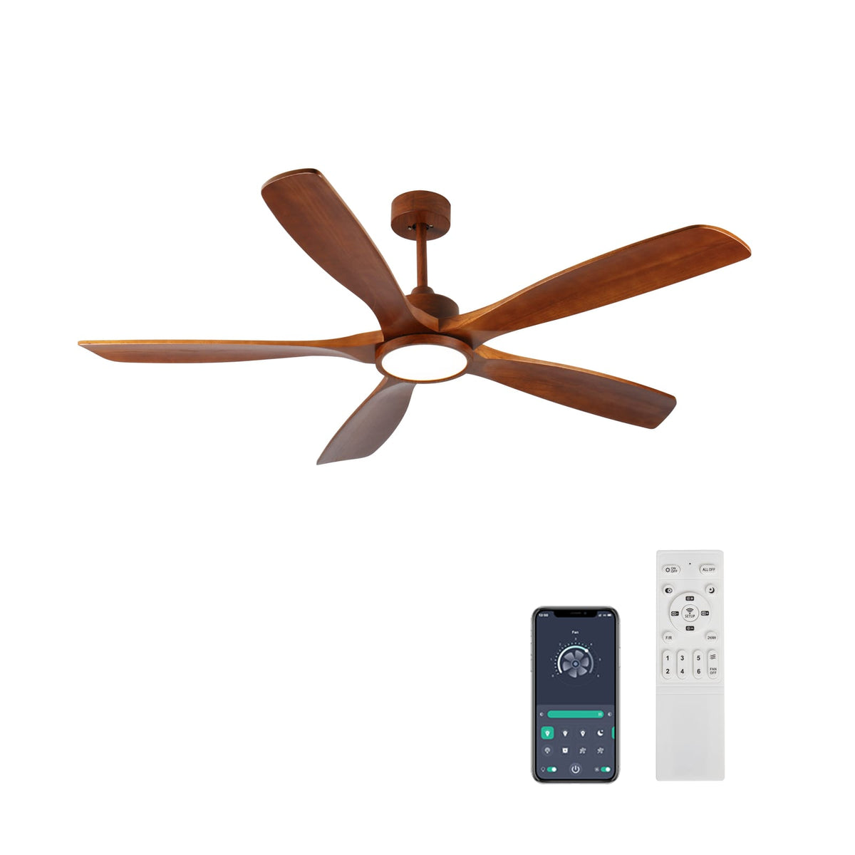 60" Wood Ceiling Fan with Light - 5 Blades, Remote Control