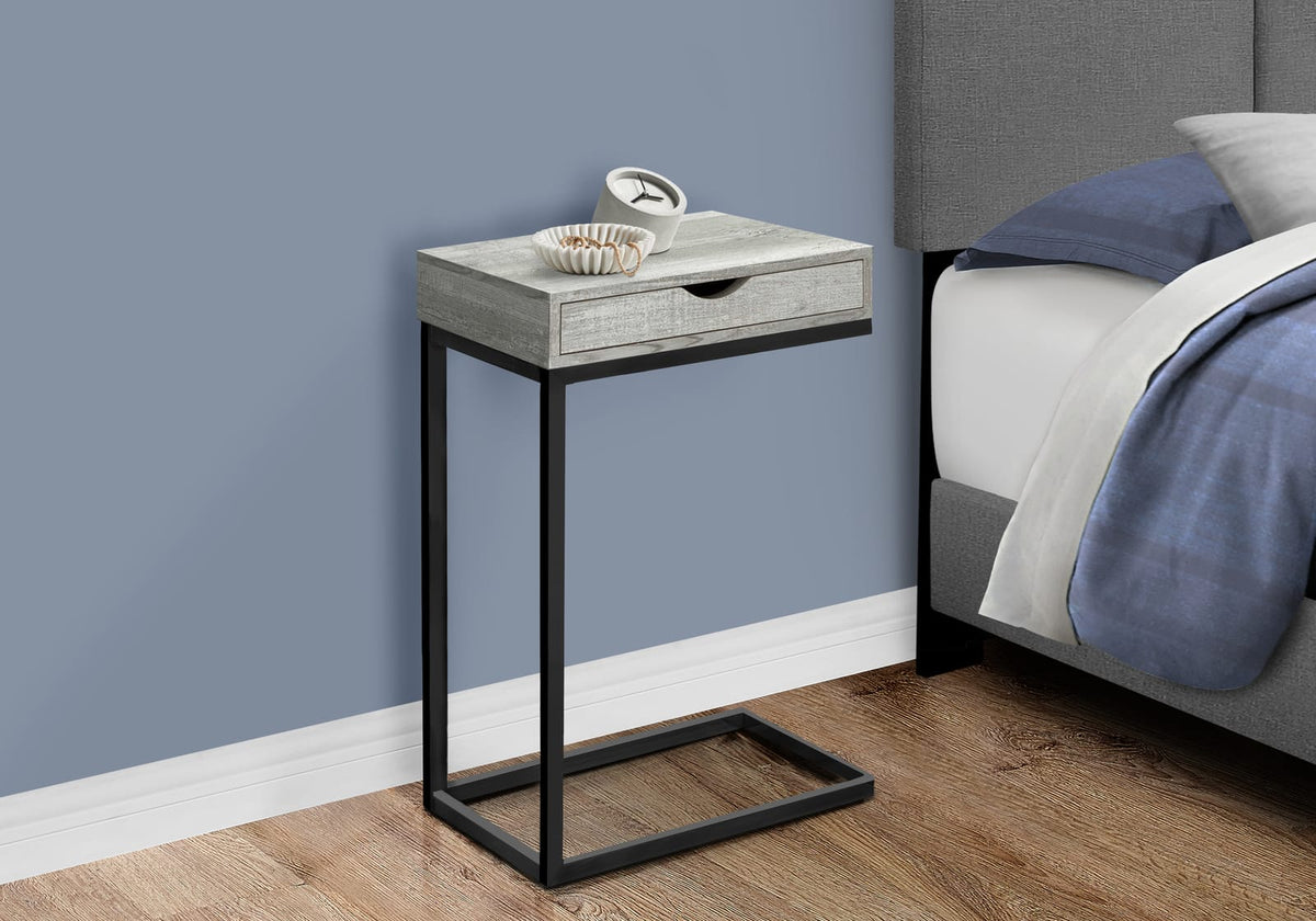 Grey C-Shaped Accent Table with Storage Drawer