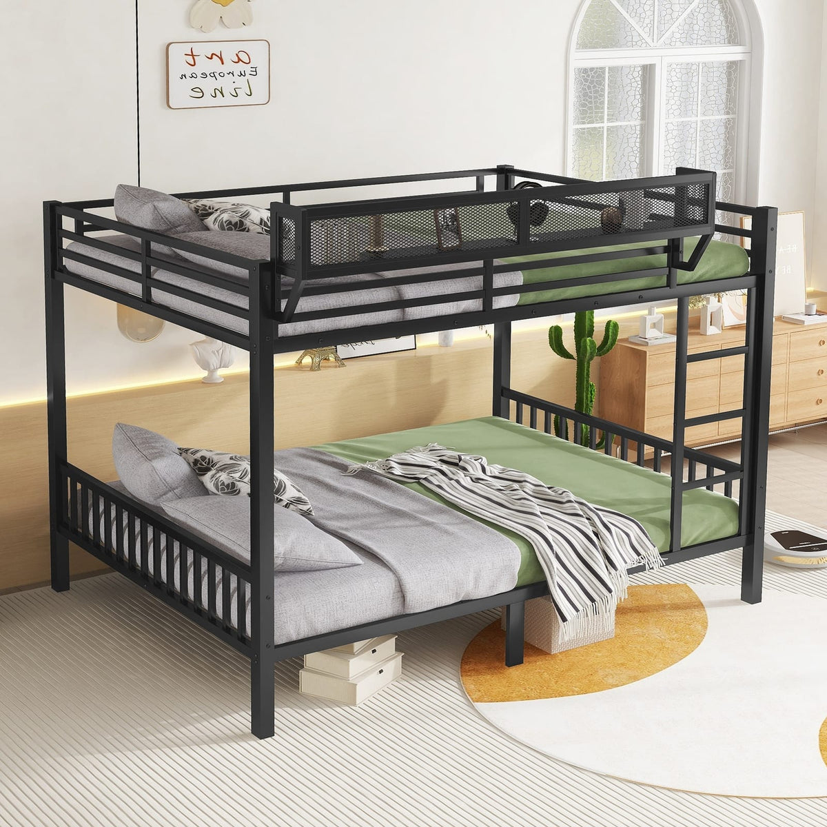 Queen Over Queen Metal Bunk Bed - Black Frame for Bedroom