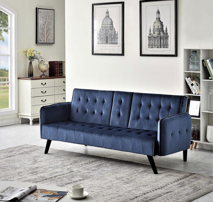 Blue Velvet Convertible Sofa Bed with Drop-Down Table for Guest Rooms for Living Room