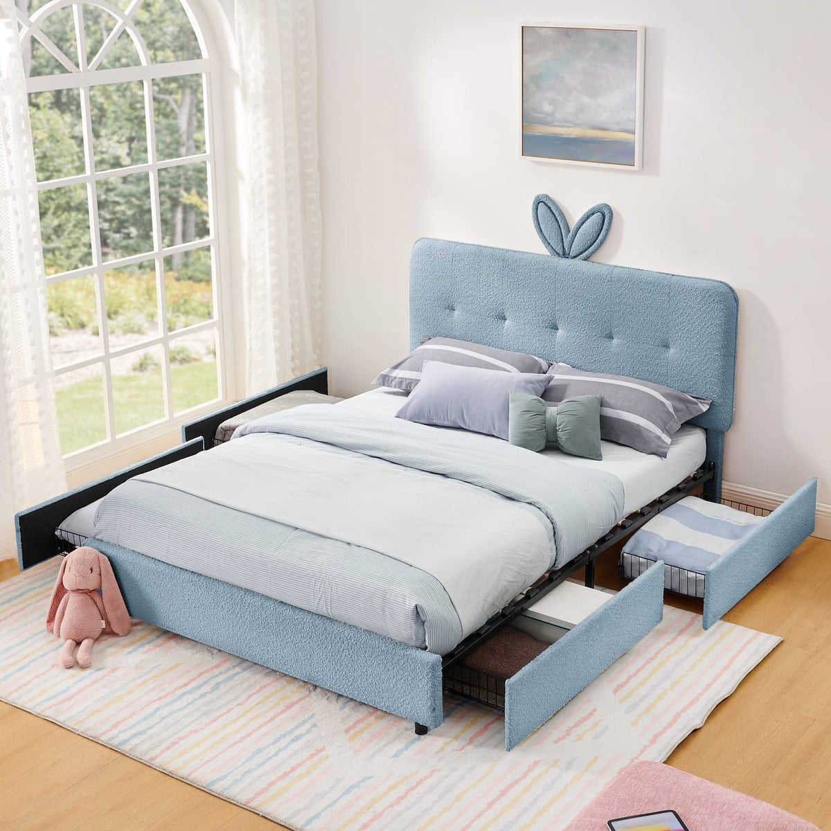 Navy Kids Upholstered Queen Bed with Storage Drawers for Bedroom