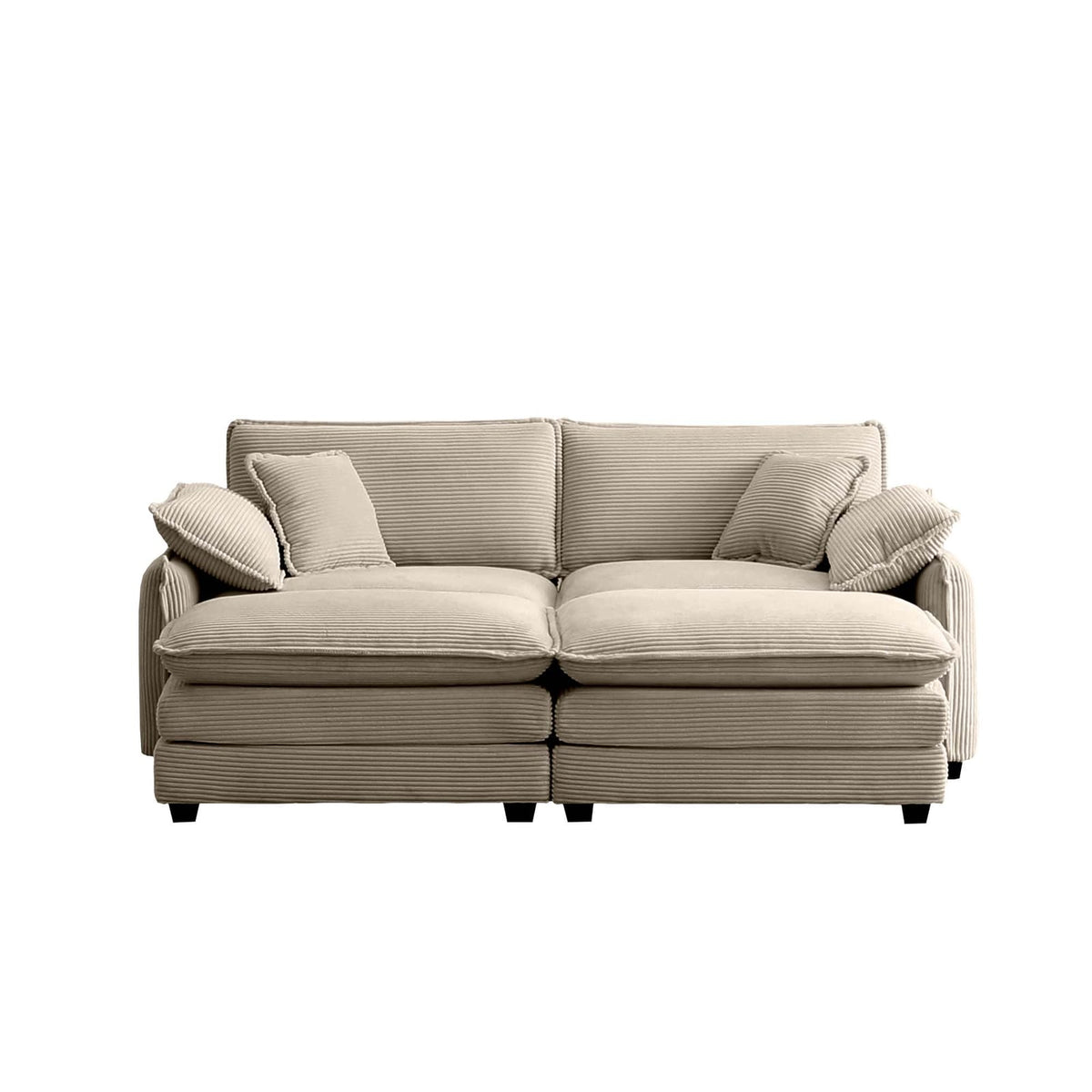 Tan Corduroy Two-Seater Sofa with Footrest for Living Room
