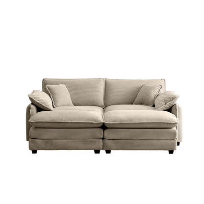 Tan Corduroy Two-Seater Sofa with Footrest for Living Room