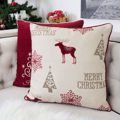Merry Christmas Embroidered Throw Pillow - 20x20" Red Polyester Holiday Cushion