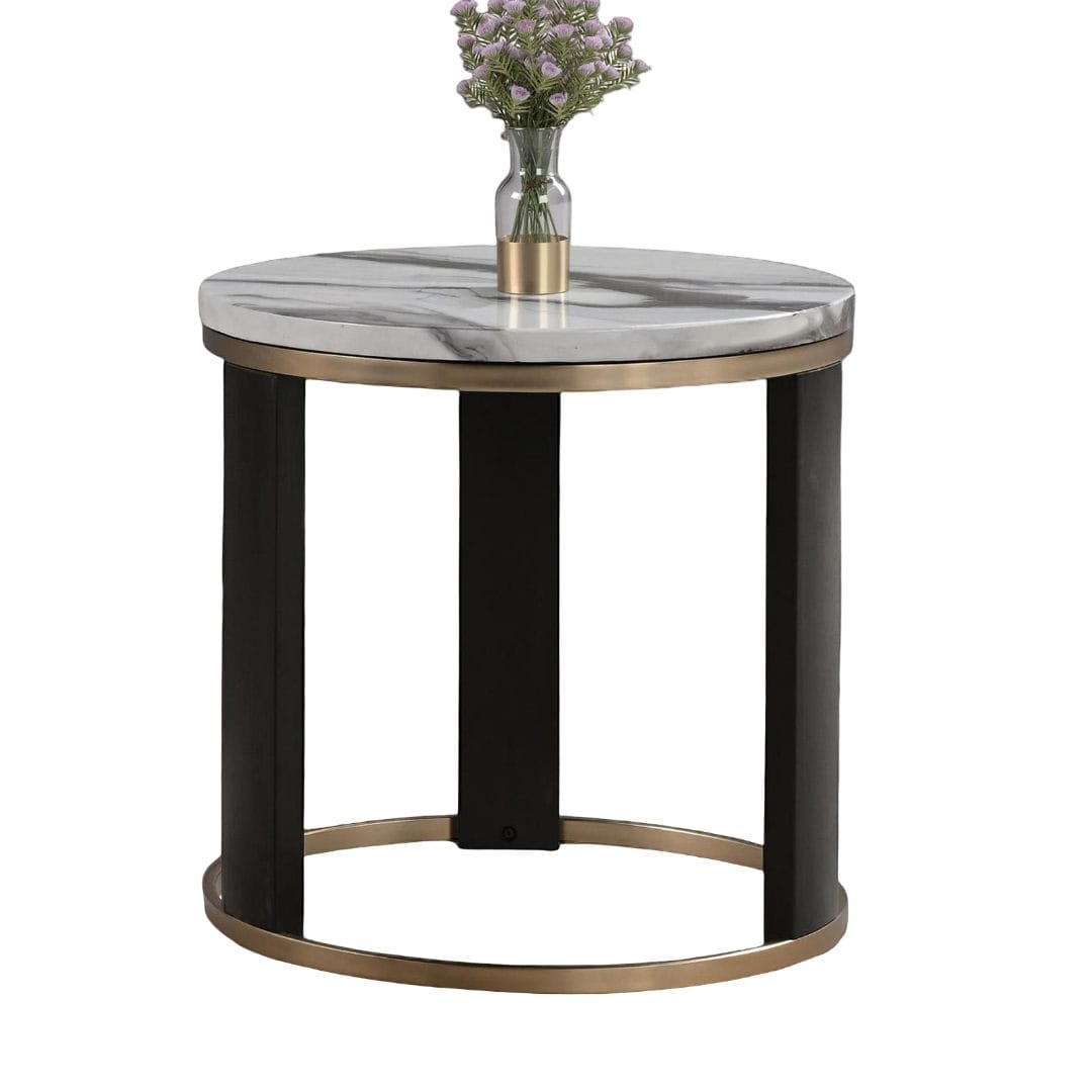Contemporary Round End Table - Black, Gold, White Marble Top