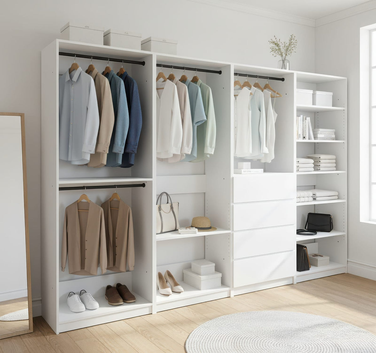 White Wood Walk-In Closet System - 5 Modular Units for Bedroom