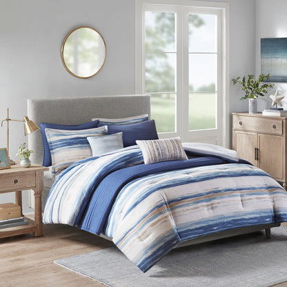 8 Piece Blue Seersucker Comforter Set - King Size