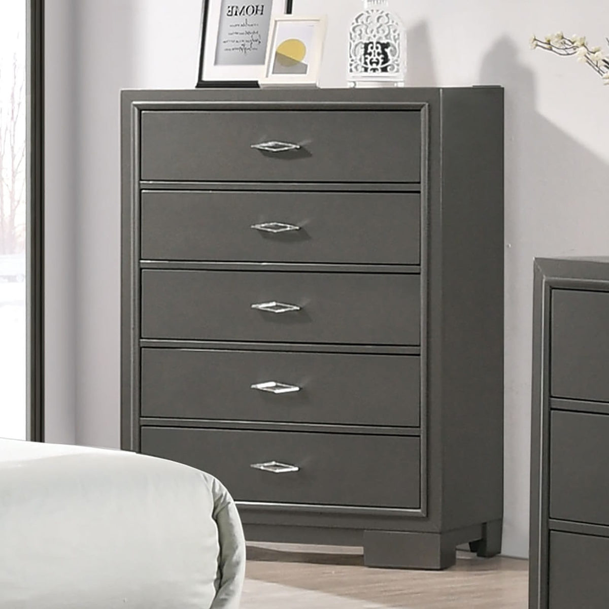 Contemporary Metallic Grey Solid Wood Dresser Chest 5 Drawers
