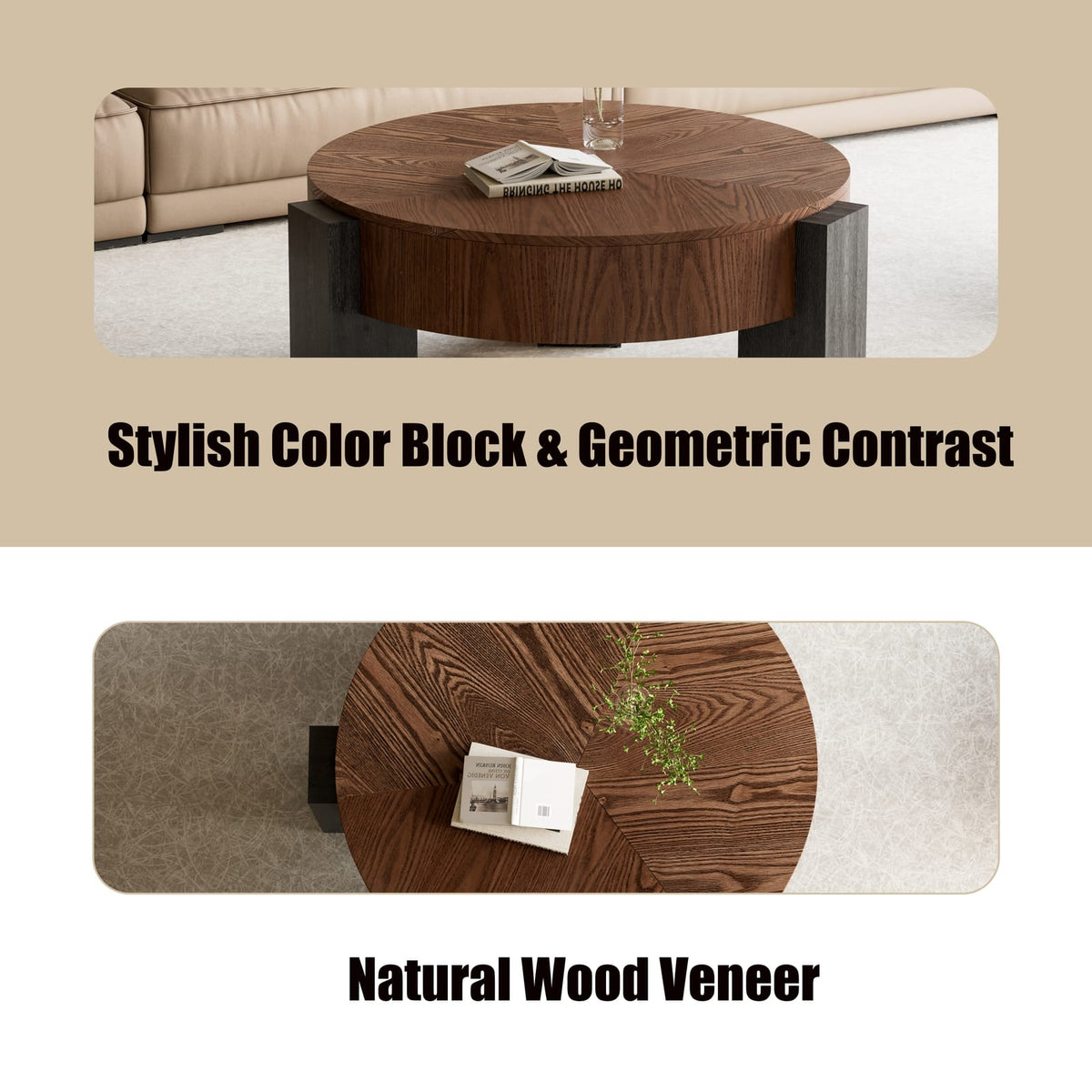 Round Coffee Table with Hidden Storage, Modern Walnut Wood Accent for Living Room