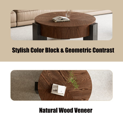 Round Coffee Table with Hidden Storage, Modern Walnut Wood Accent for Living Room
