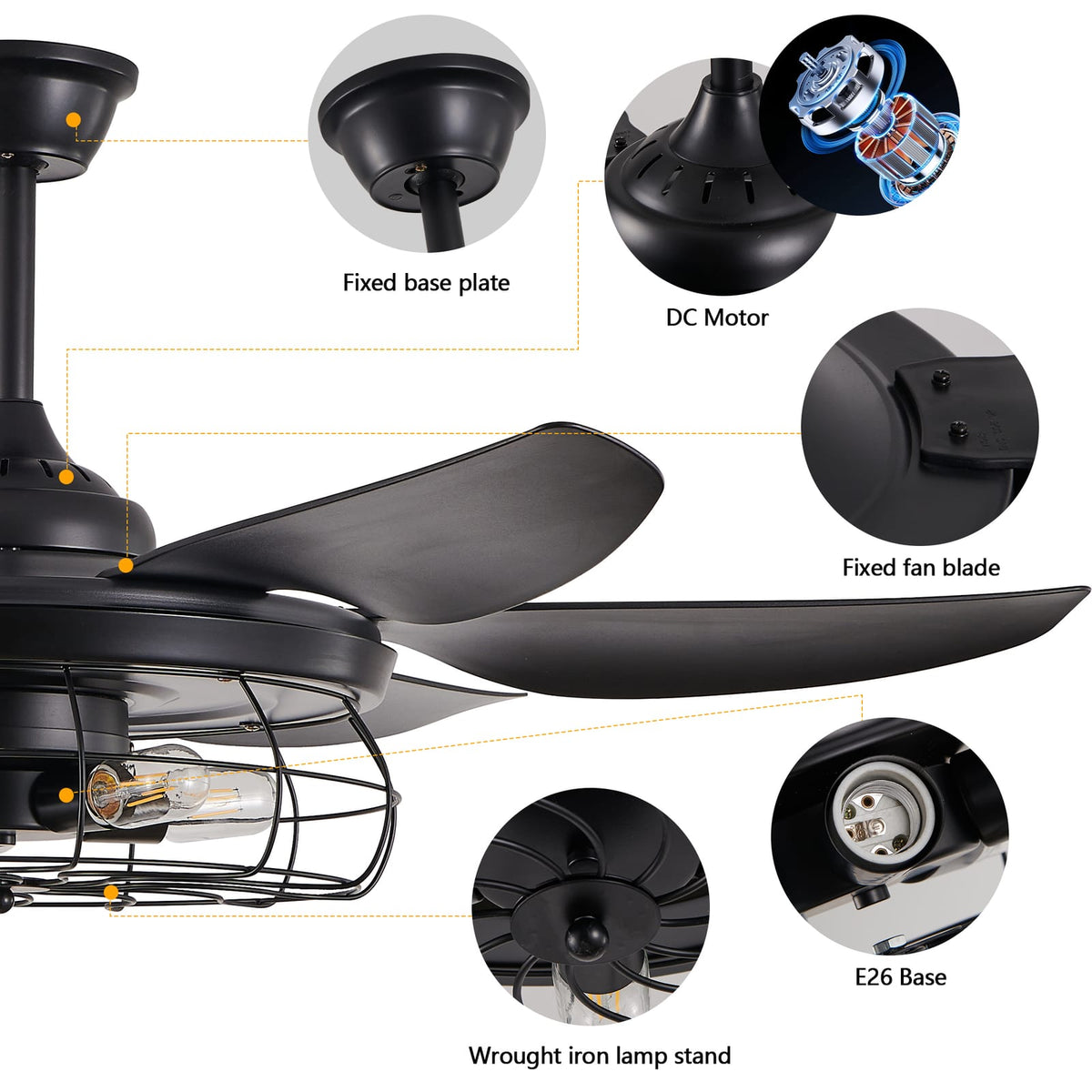 Black Iron Ceiling Fan with Light for Bedroom Decor and Guest Rooms